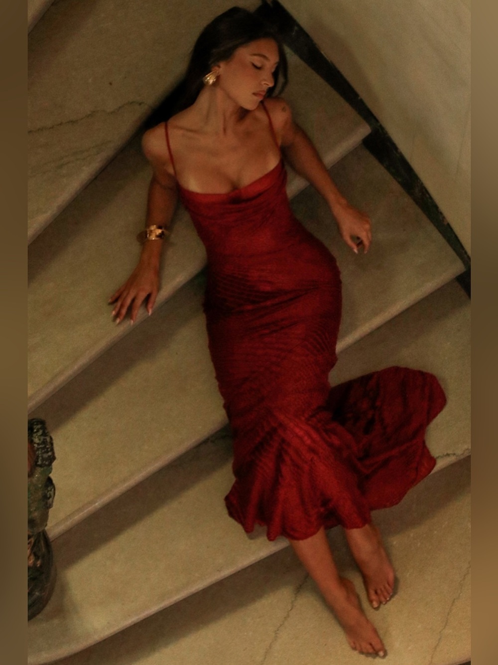 HOUSE OF CB 'Nalani' Deep Red Devoré Satin Maxi Gown/Size NWOT size S A-C